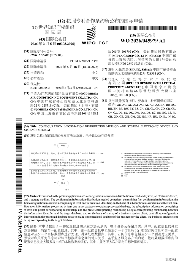 美的集團公佈國際專利申請：“配置資訊的分發方法及系統、電子裝置及儲存介質”