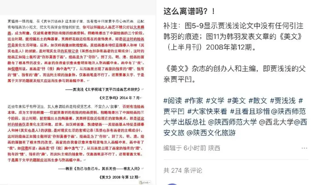 西北大學副教授賈淺淺多篇論文被指涉嫌大面積抄襲，其父賈平凹文章個別段落被“張冠李戴”重新發表；存多處錯字論文被列為其重要學術成果