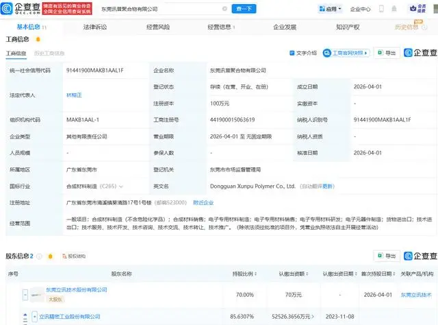 立訊精密等成立新公司，含電子專用材料研發業務